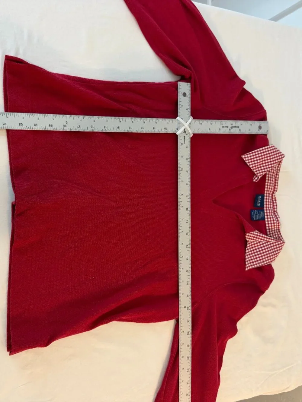 Basic Editions Women's Red Long Sleeve Polo Top Gingham Collar Size Large L